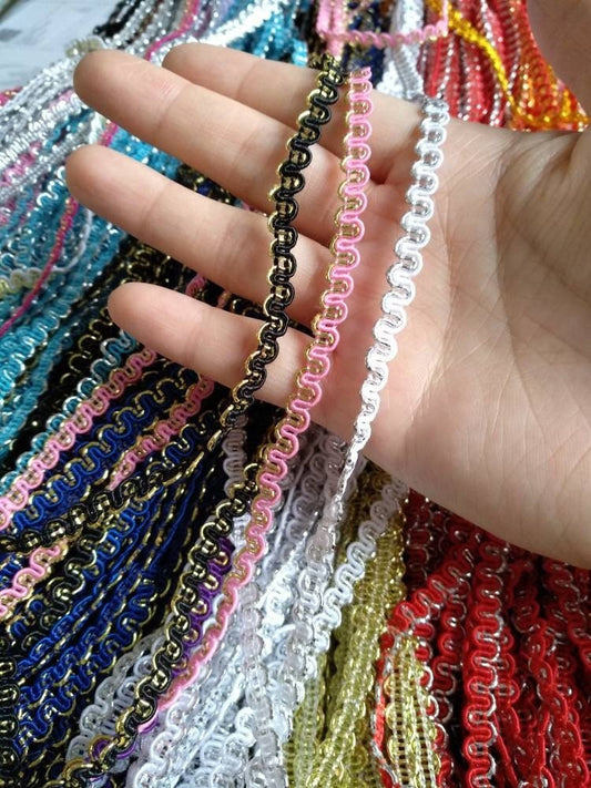 Metallic Ric Rac Two tone Braid Trim- 5mm width Narrow Wavy S Shape Border- Per yard - For Doll Clothes, Costume DIY, Upholstery Decor