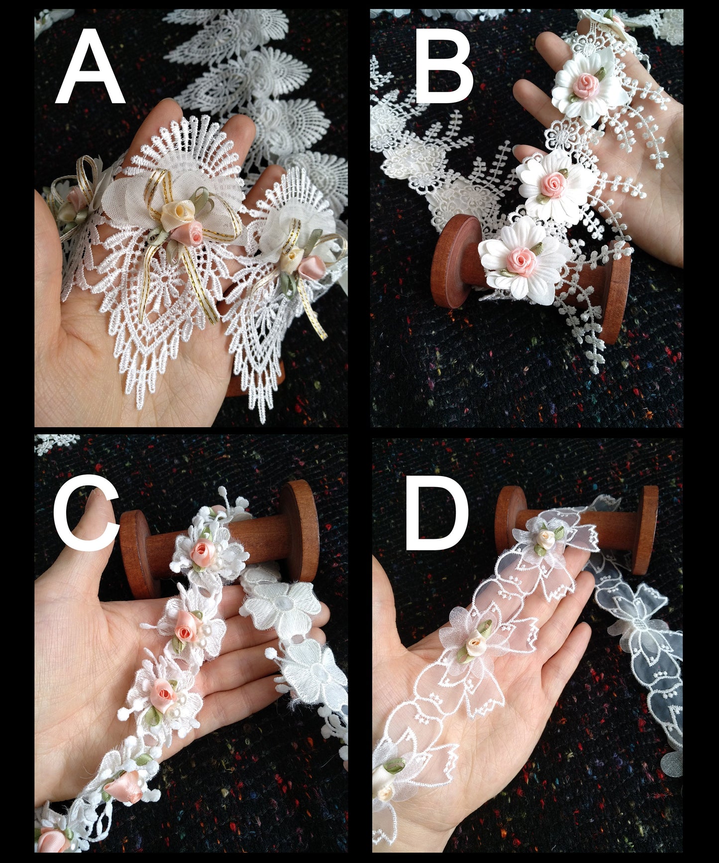Beaded Floral Lace Trim with Satin Rose bud- sold by the yard