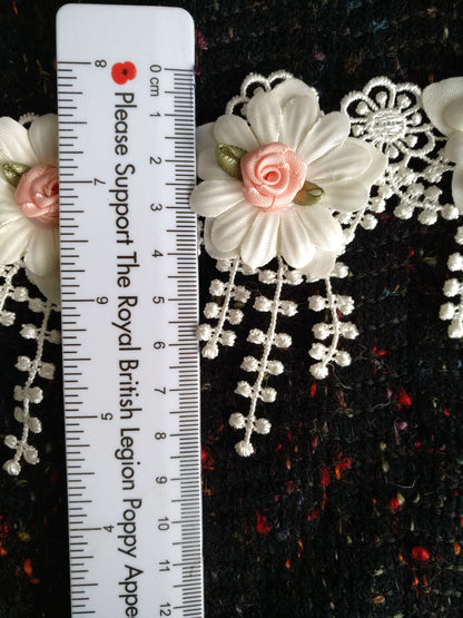 Beaded Floral Lace Trim with Satin Rose bud- sold by the yard
