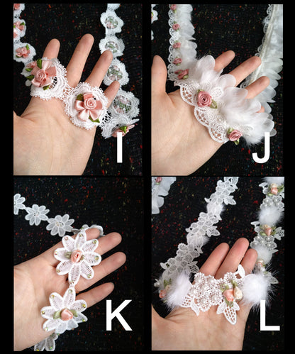 Beaded Floral Lace Trim with Satin Rose bud- sold by the yard