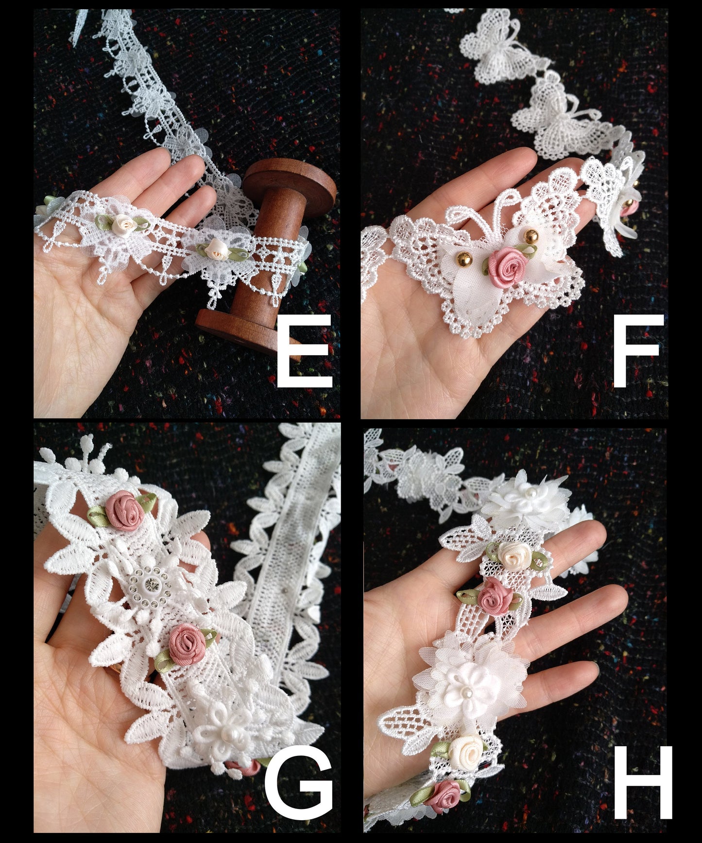 Beaded Floral Lace Trim with Satin Rose bud- sold by the yard