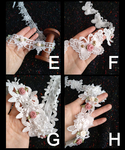 Beaded Floral Lace Trim with Satin Rose bud- sold by the yard