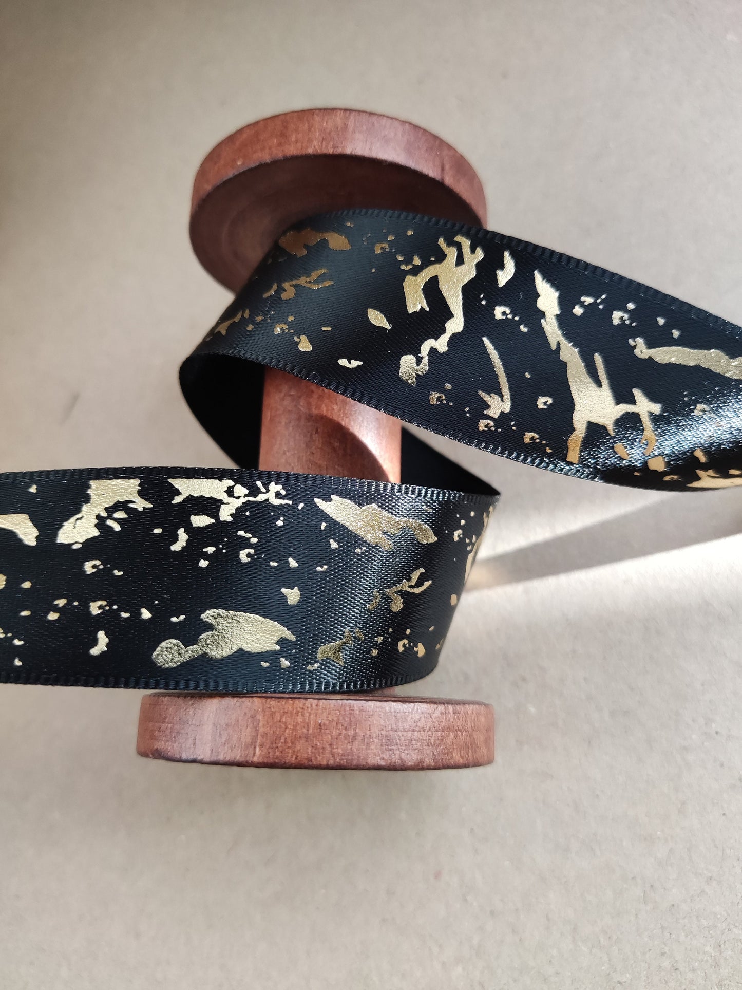 Satin Ribbon with Scattered Gold Print 25mm width- Per yard - For Wedding Invitation DIY, Gift wrapping, Cake decoration