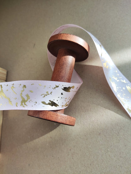 Satin Ribbon with Scattered Gold Print 25mm width- Per yard - For Wedding Invitation DIY, Gift wrapping, Cake decoration