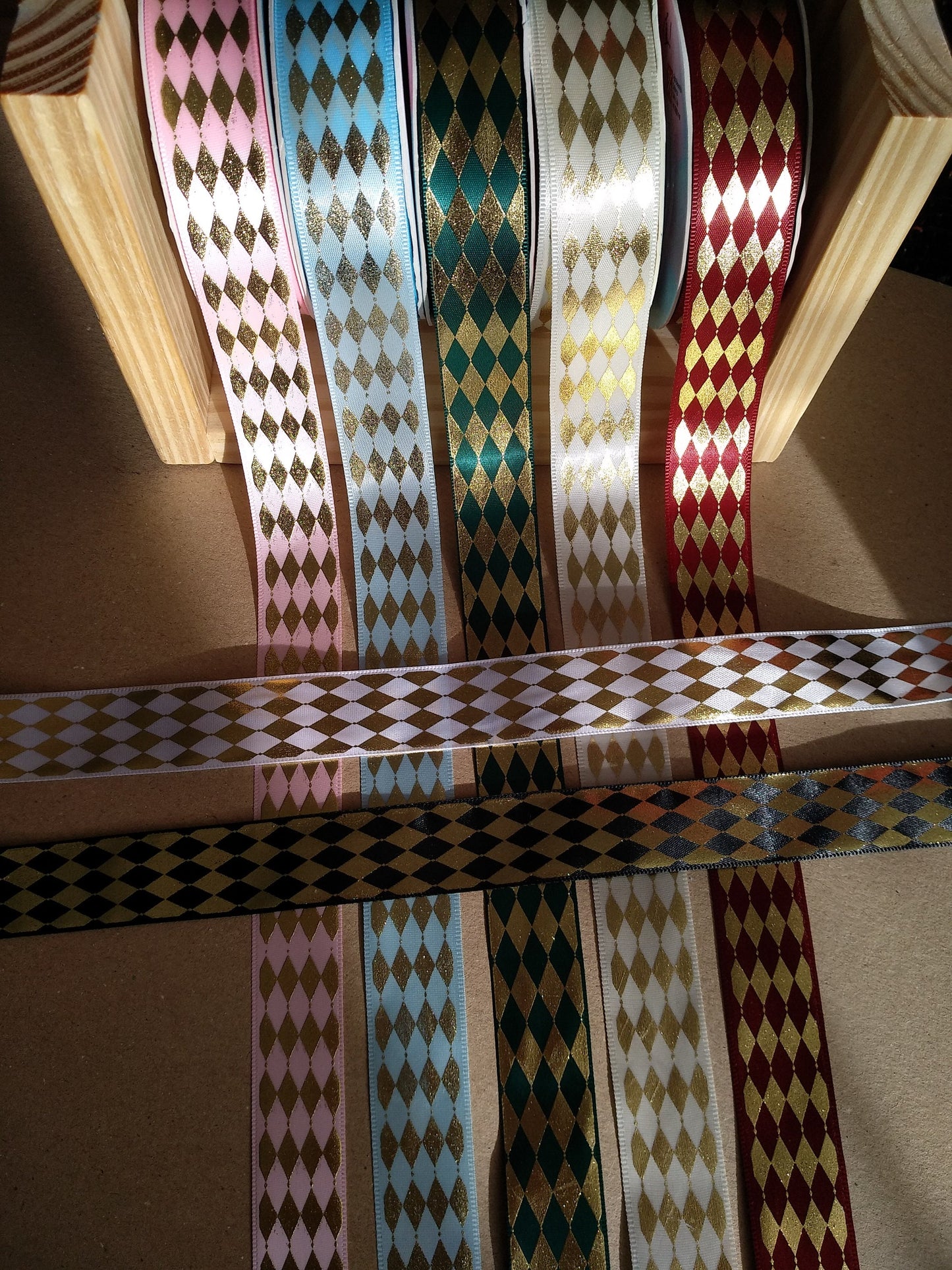 Fine Diamond Print Satin Ribbon with Gold Edge- Per yard -25mm Width Harlequin Printed Craft Ribbon