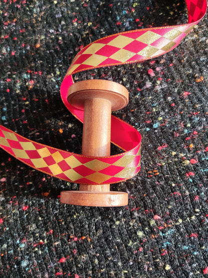 Bold Diamond Print Satin Ribbon with Gold Edge- Per yard -25mm Width Harlequin Printed Craft Ribbon