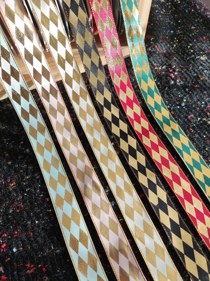 Bold Diamond Print Satin Ribbon with Gold Edge- Per yard -25mm Width Harlequin Printed Craft Ribbon