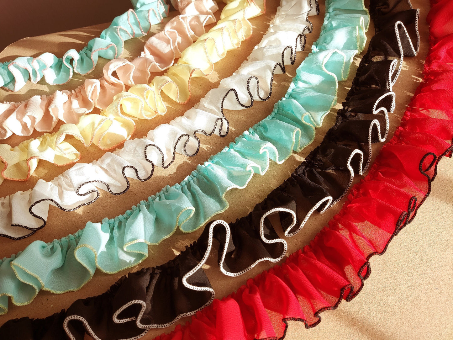 5cm Width Gathered Chiffon Trim with Contrasting Colour Edge -Per yard- For Doll Clothes, Scrunchie Making, Dressmaking