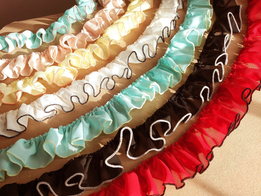 5cm Width Gathered Chiffon Trim with Contrasting Colour Edge -Per yard- For Doll Clothes, Scrunchie Making, Dressmaking