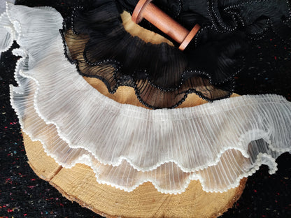 Pleated Tulle Trim Beaded with Faux Pearls- 9cm wide