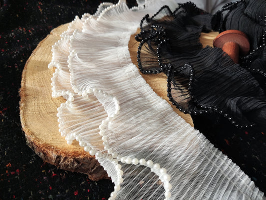 Pleated Tulle Trim Beaded with Faux Pearls- 9cm wide