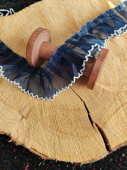 Pleated Brown Organza Ruffle Trim with White Scallop Edge -Per yard- 4cm wide Gathered Trim for Doll Clothes, Sewing, Home decor