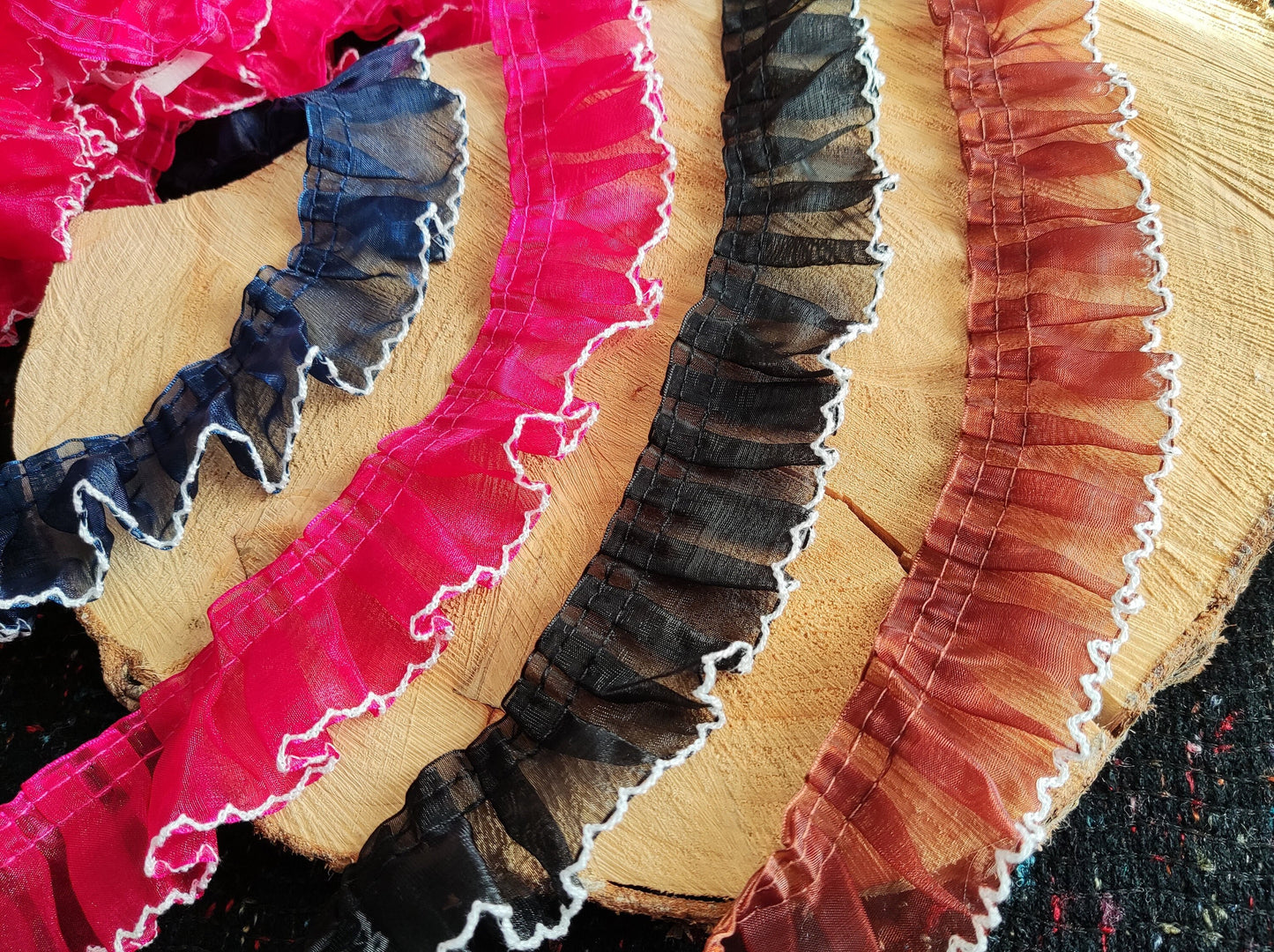 Pleated Brown Organza Ruffle Trim with White Scallop Edge -Per yard- 4cm wide Gathered Trim for Doll Clothes, Sewing, Home decor
