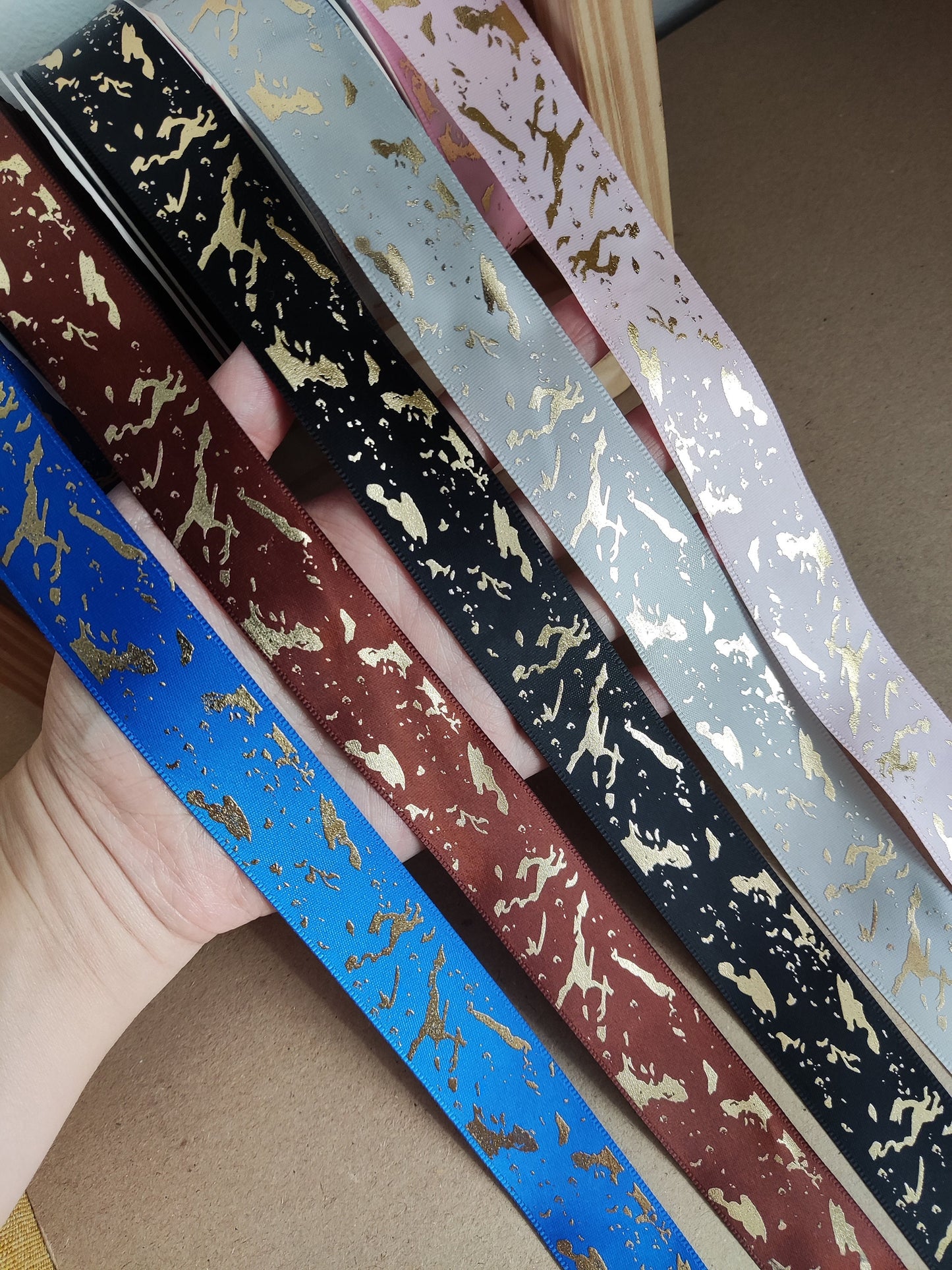 Satin Ribbon with Scattered Gold Print 25mm width- Per yard - For Wedding Invitation DIY, Gift wrapping, Cake decoration