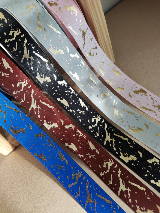 Satin Ribbon with Scattered Gold Print 25mm width- Per yard - For Wedding Invitation DIY, Gift wrapping, Cake decoration