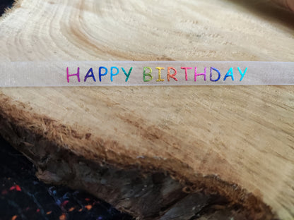 1m- Happy Birthday Ribbon- Rainbow Foil Printed Words on White Sheer Organza- 1cm width