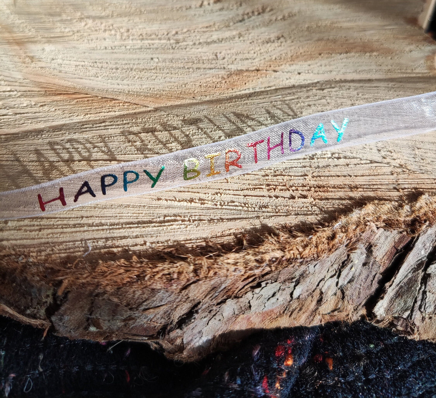 1m- Happy Birthday Ribbon- Rainbow Foil Printed Words on White Sheer Organza- 1cm width