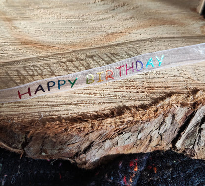 1m- Happy Birthday Ribbon- Rainbow Foil Printed Words on White Sheer Organza- 1cm width