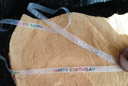 1m- Happy Birthday Ribbon- Rainbow Foil Printed Words on White Sheer Organza- 1cm width