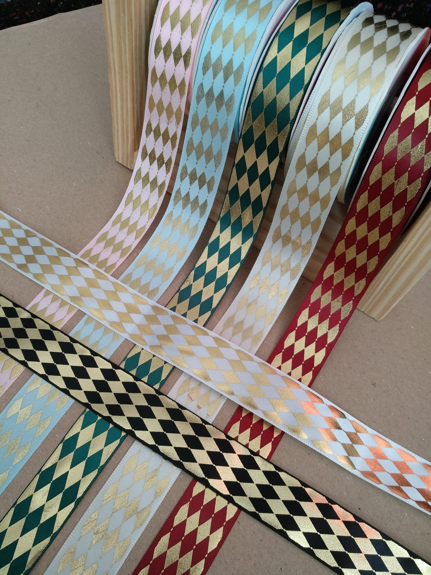 Fine Diamond Print Satin Ribbon with Gold Edge- Per yard -25mm Width Harlequin Printed Craft Ribbon