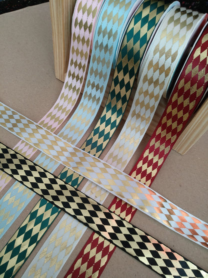Fine Diamond Print Satin Ribbon with Gold Edge- Per yard -25mm Width Harlequin Printed Craft Ribbon