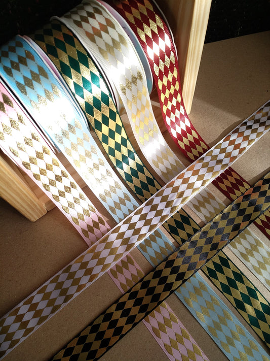 Fine Diamond Print Satin Ribbon with Gold Edge- Per yard -25mm Width Harlequin Printed Craft Ribbon