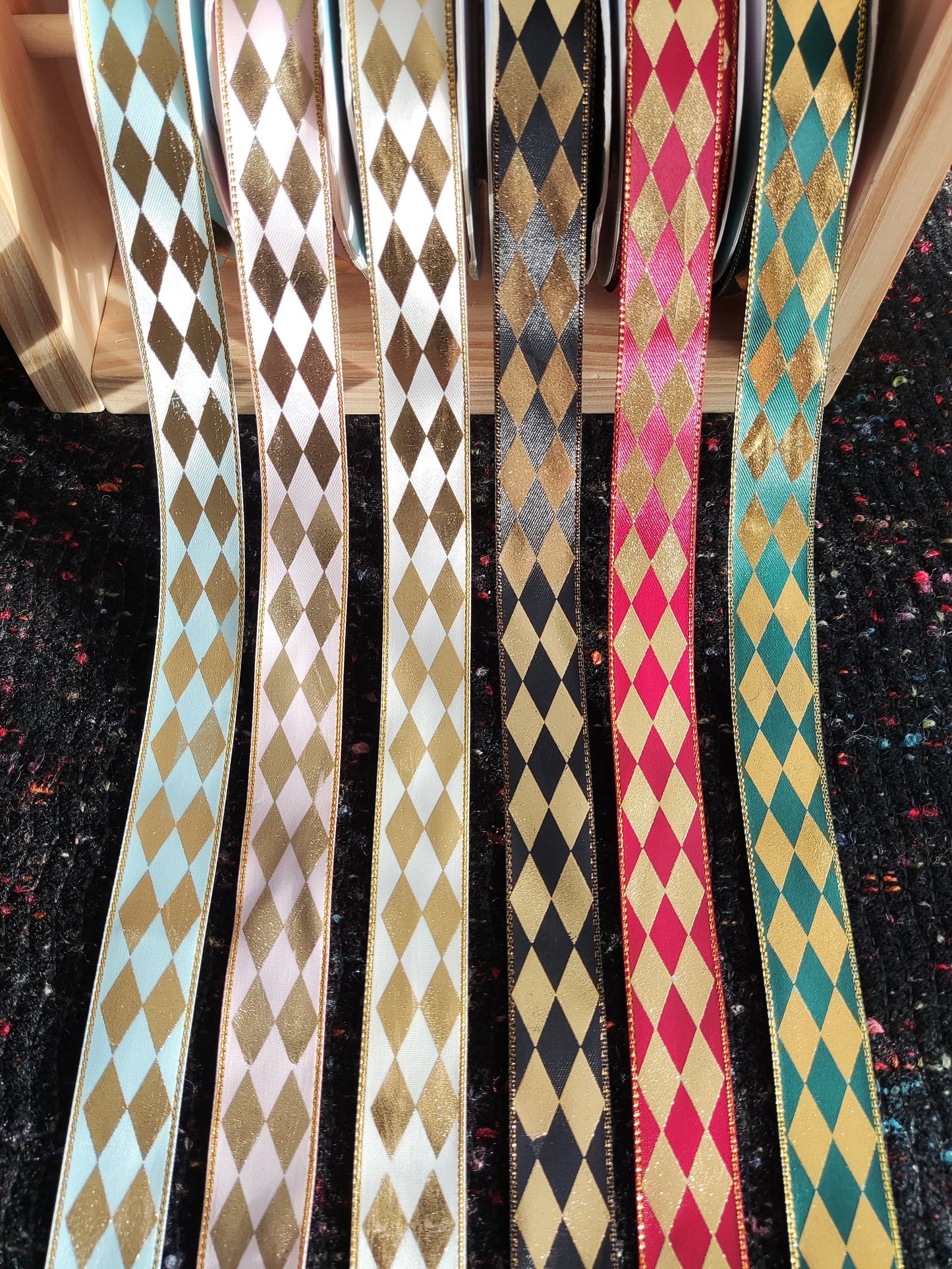 Bold Diamond Print Satin Ribbon with Gold Edge- Per yard -25mm Width Harlequin Printed Craft Ribbon