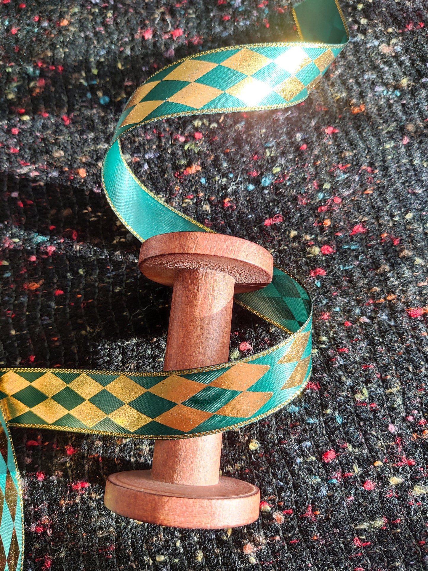 Bold Diamond Print Satin Ribbon with Gold Edge- Per yard -25mm Width Harlequin Printed Craft Ribbon