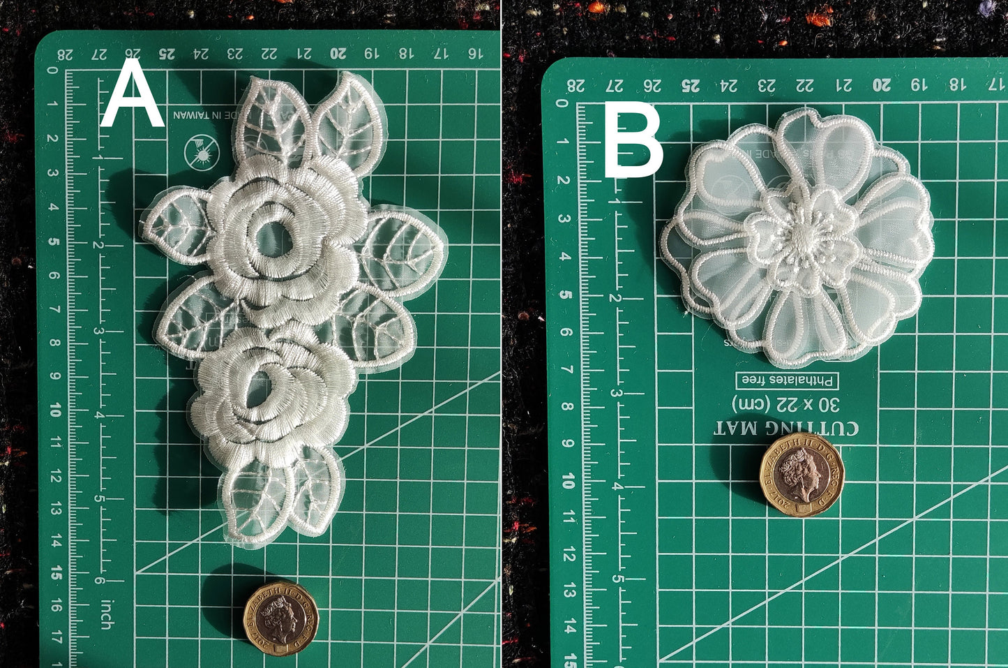 White Flower Bridal Lace Organza Sew on Applique -Embroidered Rose Motif with Sequin-Embellishment for Veil DIY, Wedding Dress decoration