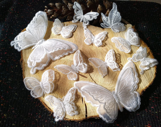 White Butterfly Bridal Lace Applique -Sew on Embroidered Organza Patch- Double layered Motif -Veil Embellishment, Wedding Dress DIY