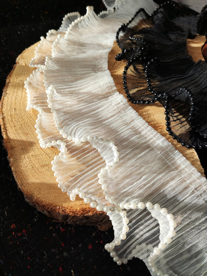 Pleated Tulle Trim Beaded with Faux Pearls- 9cm wide