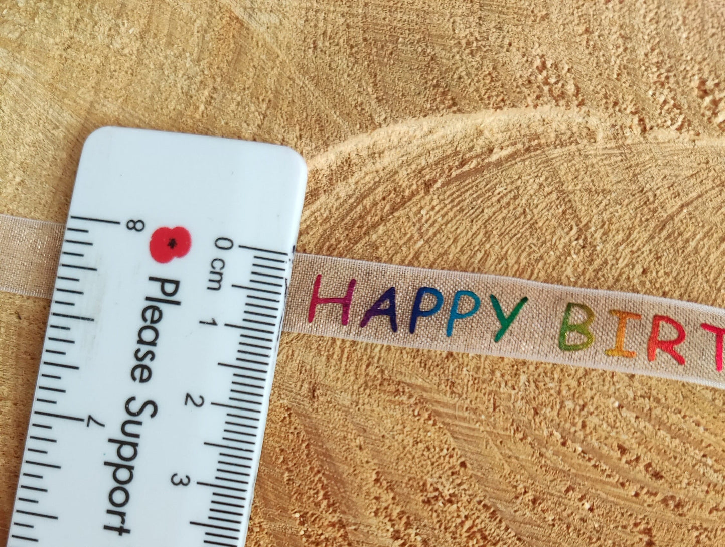 1m- Happy Birthday Ribbon- Rainbow Foil Printed Words on White Sheer Organza- 1cm width