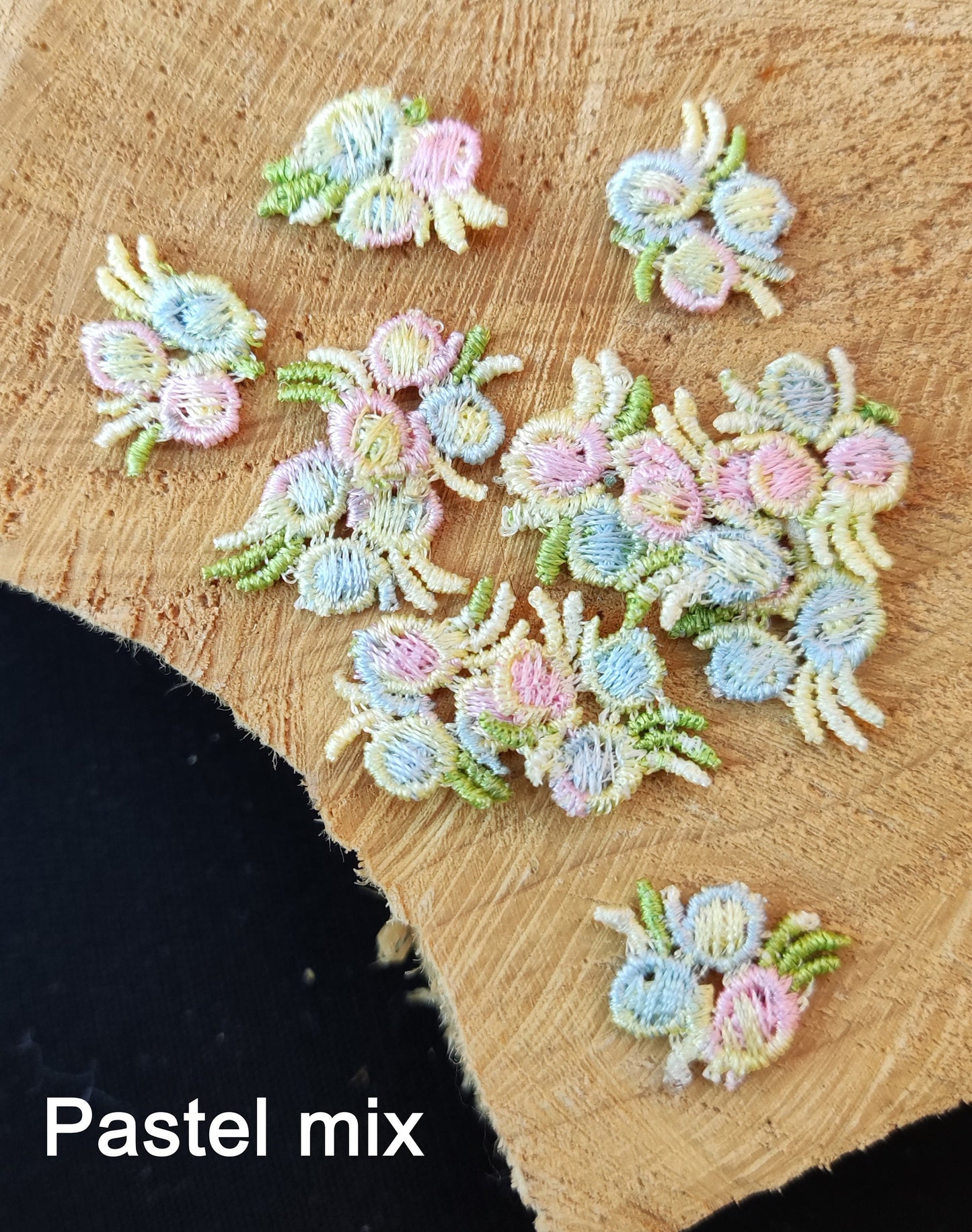 25pc Tiny Embroidered Flower Sew on Applique- Small Multicolored Floral Motif- For Doll Clothes, Junk Journal, Scrapbooking