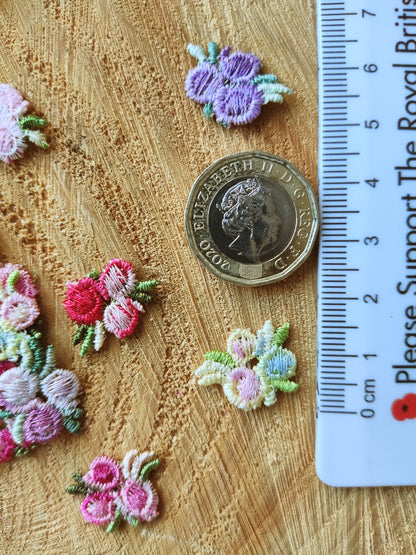 25pc Tiny Embroidered Flower Sew on Applique- Small Multicolored Floral Motif- For Doll Clothes, Junk Journal, Scrapbooking