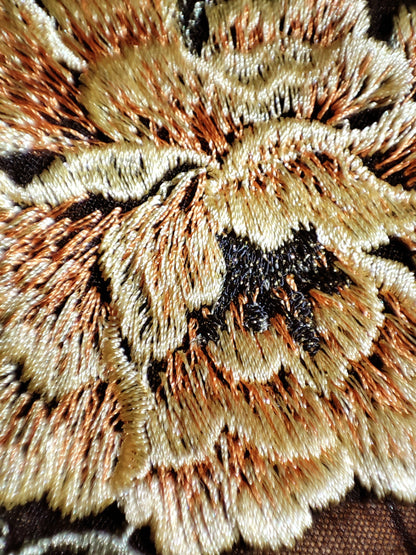 Gold/Pink Peony on Black Net- Flower Lace Trim- Per yard - 20cm wide Gold Floral Edging Border/Colourful Tulle Panel- Dancewear/Doll making