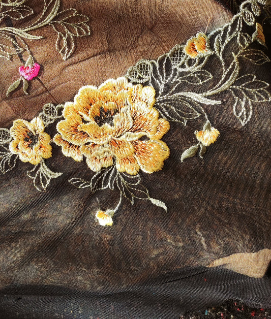 Gold/Pink Peony on Black Net- Flower Lace Trim- Per yard - 20cm wide Gold Floral Edging Border/Colourful Tulle Panel- Dancewear/Doll making