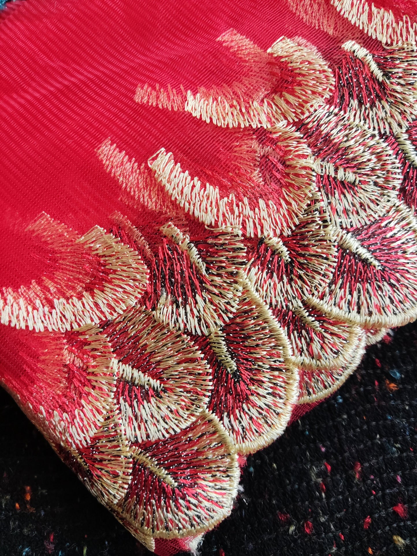 Peacock Feather Embroidered Tulle Mesh Trim- Per yard - 17cm wide Gold metallic Net Edging- Colourful Panel for Dancewear,Doll making