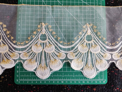Embroidered Floral Lace Tulle Panel 18cm wide - Per yard - Gold on White  Mesh Border for Sewing, Doll Clothes, Dressmaking