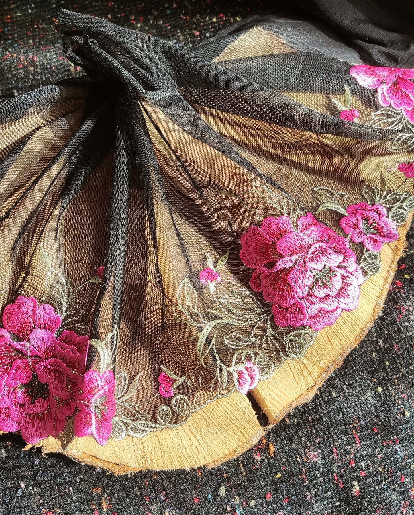 Gold/Pink Peony on Black Net- Flower Lace Trim- Per yard - 20cm wide Gold Floral Edging Border/Colourful Tulle Panel- Dancewear/Doll making