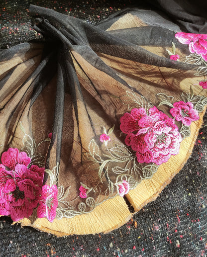 Gold/Pink Peony on Black Net- Flower Lace Trim- Per yard - 20cm wide Gold Floral Edging Border/Colourful Tulle Panel- Dancewear/Doll making