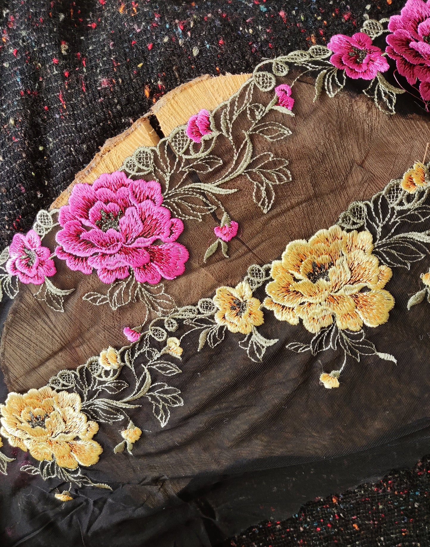 Gold/Pink Peony on Black Net- Flower Lace Trim- Per yard - 20cm wide Gold Floral Edging Border/Colourful Tulle Panel- Dancewear/Doll making