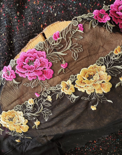 Gold/Pink Peony on Black Net- Flower Lace Trim- Per yard - 20cm wide Gold Floral Edging Border/Colourful Tulle Panel- Dancewear/Doll making