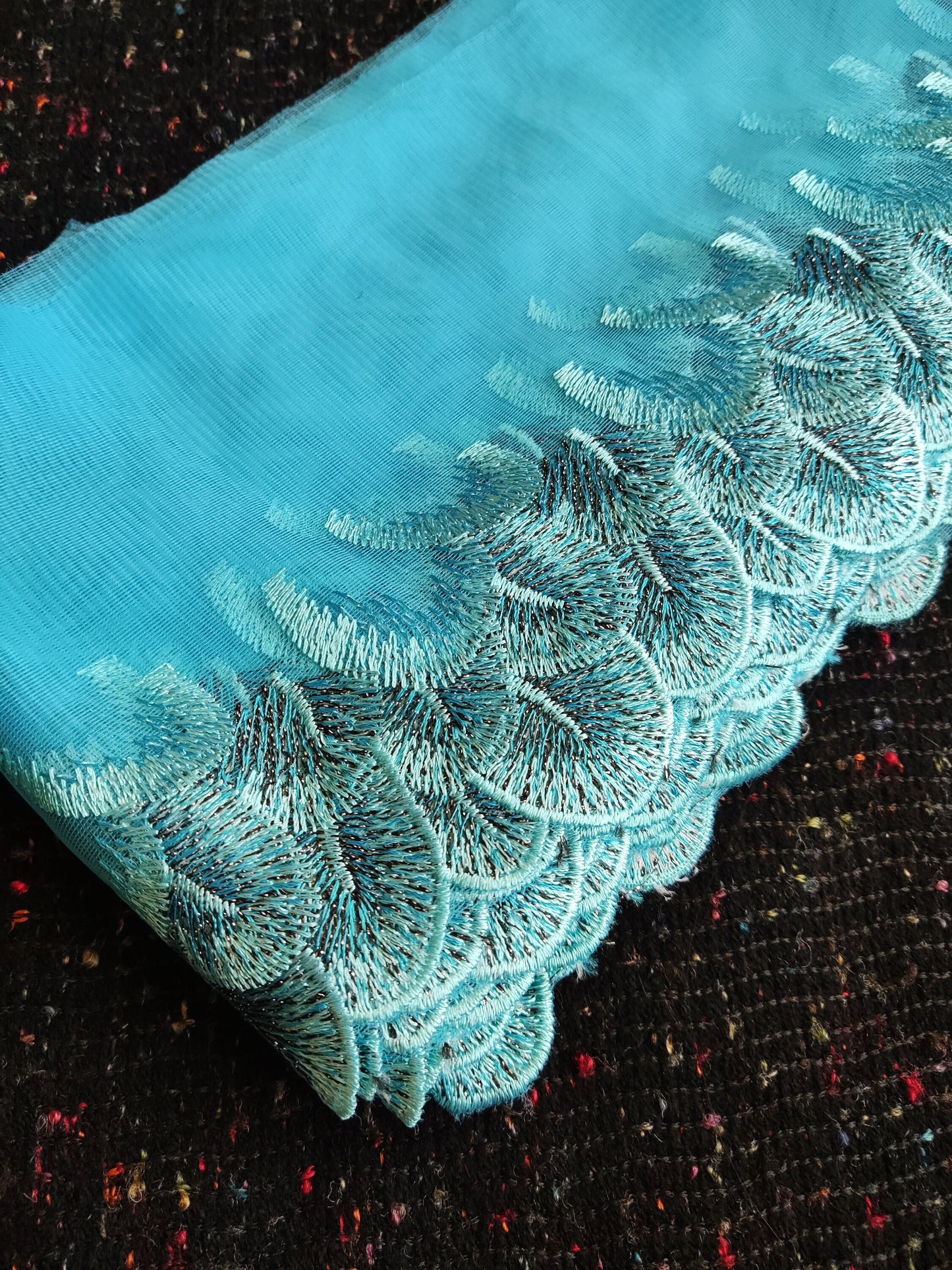 Peacock Feather Embroidered Tulle Mesh Trim- Per yard - 17cm wide Gold metallic Net Edging- Colourful Panel for Dancewear,Doll making