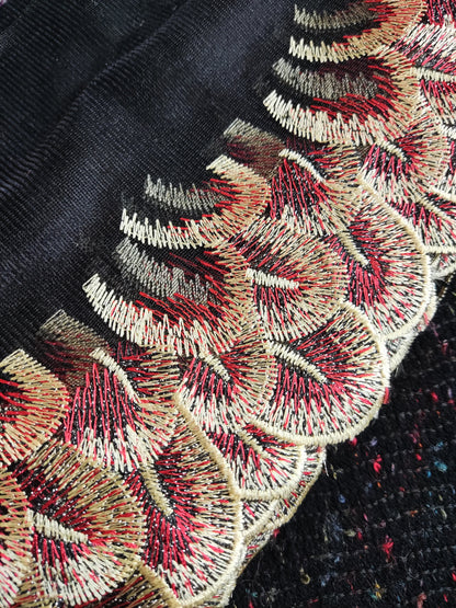 Peacock Feather Embroidered Tulle Mesh Trim- Per yard - 17cm wide Gold metallic Net Edging- Colourful Panel for Dancewear,Doll making