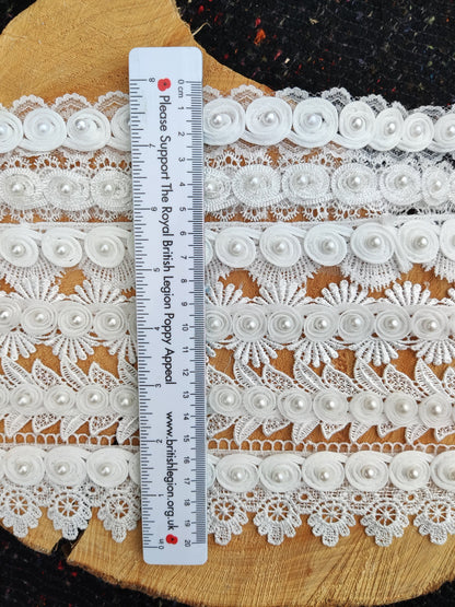 White Swirly Pearls Edging: Beaded Lace Trim -Sold by the Yard