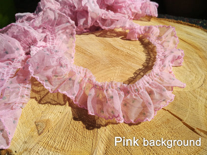Gathered Chiffon Floral Ruffle Trim with Scallop Edge- Per yard -4cm width Sheer Flower Border For Doll Clothes, Dressmaking