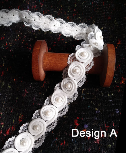 White Swirly Pearls Edging: Beaded Lace Trim -Sold by the Yard