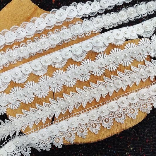 White Swirly Pearls Edging: Beaded Lace Trim -Sold by the Yard