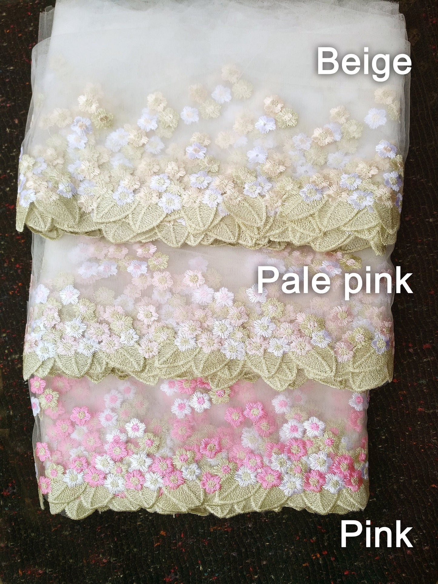 Beige and White Floral Embroidered Mesh Net Trim- Per yard - 18cm wide Gold Flower Lace Edging Border/Colourful Cherry Blossom Tulle Panel