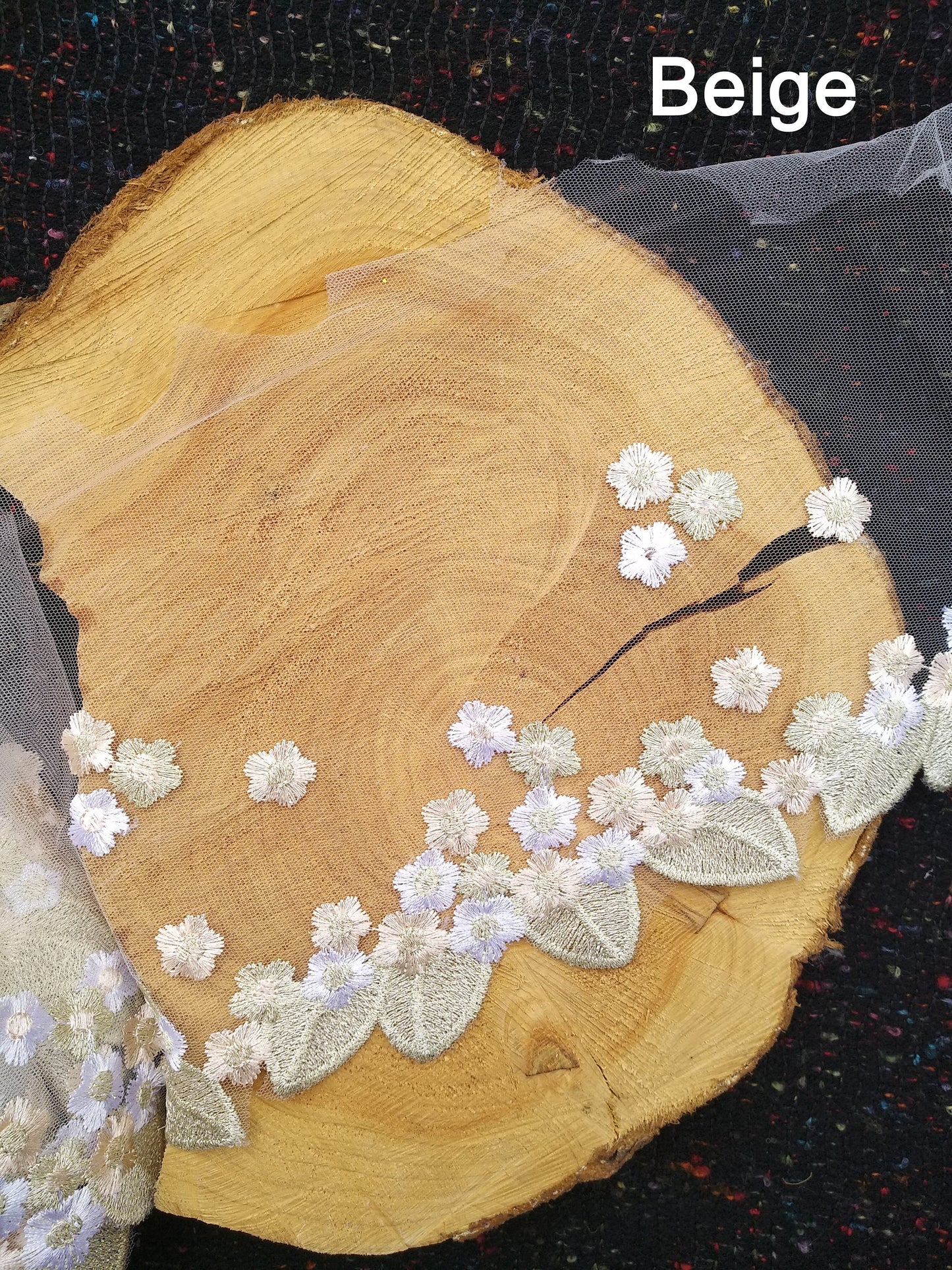 Beige and White Floral Embroidered Mesh Net Trim- Per yard - 18cm wide Gold Flower Lace Edging Border/Colourful Cherry Blossom Tulle Panel
